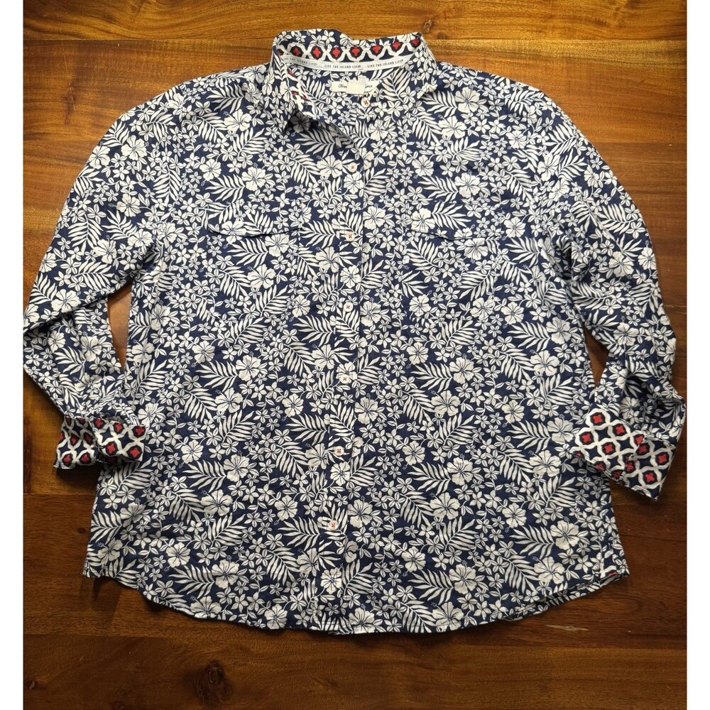 Tommy Bahama Shirt Womens L Large Blue Tropical Floral Button up Long Sleeve Top